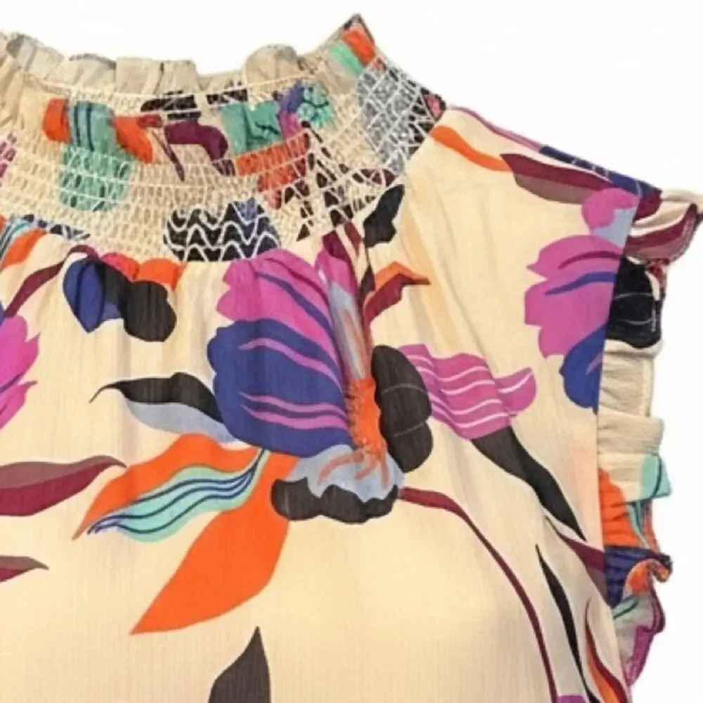 J. Crew NWOT Gorgeous Multicolor Bold Floral Ruffle Blouse Smocking Size 00